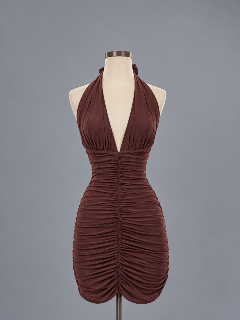 Meshki Brown Ruched Halter Mini Dress – Size S – NWT